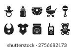 a collection of black and white icons representing baby care items and symbols, including pacifier, bottle, diaper, stroller, rattle, bib, onesie, baby food, baby monitor and teddy bear, useful for parenting, baby shower or childcare related designs and marketing materials