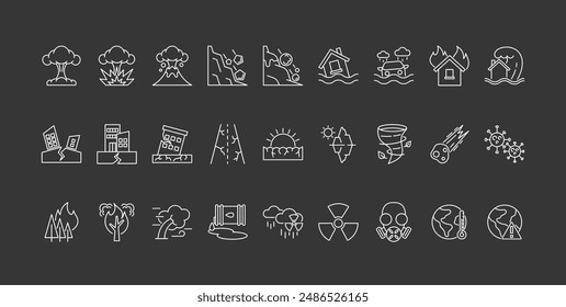 Collection Of Black And White Icons Representing Various Natural Disasters Like Earthquakes, Floods, Tornado