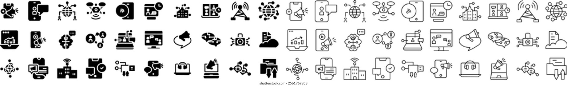 A collection of black and white icons representing digital communication, technology, marketing, networking, data sharing, global connectivity, and smart devices, in bold and outline styles.