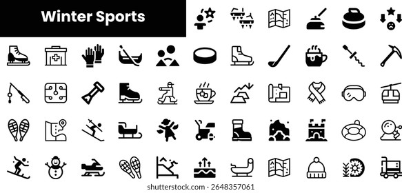 A collection of black and white icons representing various winter sports, including skiing, skating, snowboarding, and more, showcasing fun and adventure in winter activities.