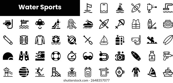 Uma coleção de ícones em preto e branco que representam várias atividades de esportes aquáticos, incluindo surf, mergulho e natação, apresentando temas dinâmicos e aventureiros.