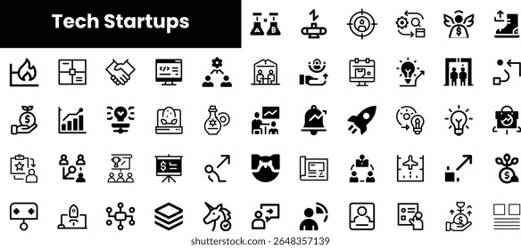 A collection of black and white icons representing various aspects of tech startups, including innovation, collaboration, finance, and growth, suitable for business presentations.