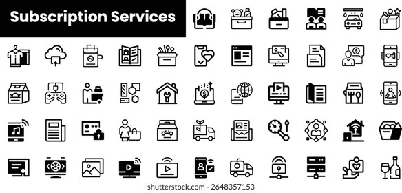 Uma coleção de ícones em preto e branco que representam vários serviços de assinatura, incluindo entretenimento, entrega e utilitários, mostrando o estilo de vida digital moderno.