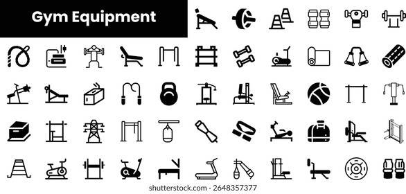 A collection of black and white icons representing various gym equipment, illustrating fitness and exercise themes with a modern design.