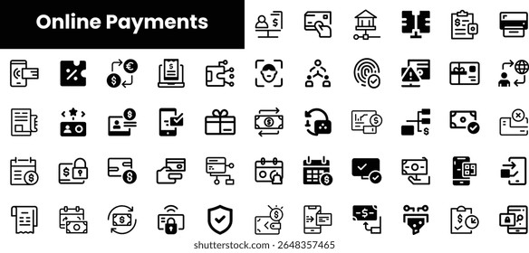Coleção de ícones em preto e branco que representam pagamentos on-line, incluindo transações, segurança, faturas e símbolos financeiros, em um cenário minimalista.