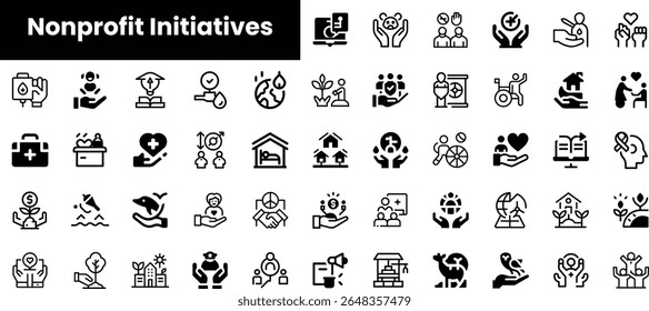 A collection of black and white icons representing various nonprofit initiatives, showcasing themes like health, education, environment, and community support.