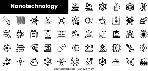 A collection of black and white icons representing various concepts in nanotechnology, including molecular structures, microscopes, and laboratory equipment.