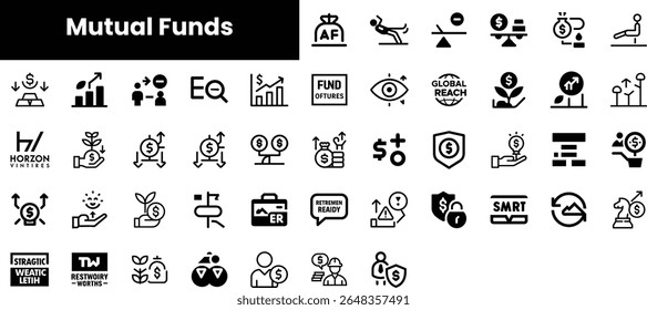 A collection of black and white icons representing mutual funds, emphasizing finance, investment growth, and financial planning for diverse audiences.