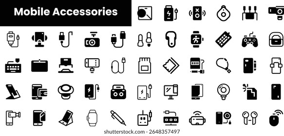 A collection of black and white icons representing various mobile accessories, including chargers, headphones, and cases, all displayed on a clean white background.