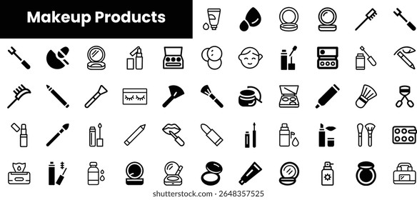 Uma coleção de ícones em preto e branco que representam vários produtos de maquiagem, incluindo batons, pincéis e compactos, dispostos em um formato de grade elegante.