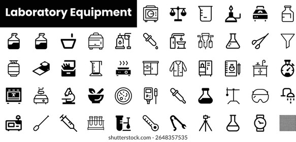 Uma coleção de ícones em preto e branco representando vários equipamentos de laboratório, apresentando itens como copos, frascos e tubos de ensaio em um layout limpo e organizado.