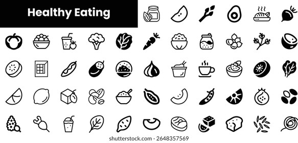 A collection of black and white icons representing healthy eating, featuring fruits, vegetables, beverages, and various nutritious food items.