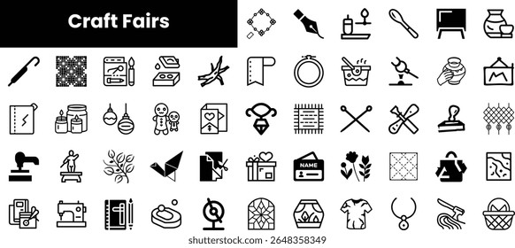 A collection of black and white icons representing various craft fair activities such as sewing, painting, and pottery, creating a vibrant showcase of creativity.