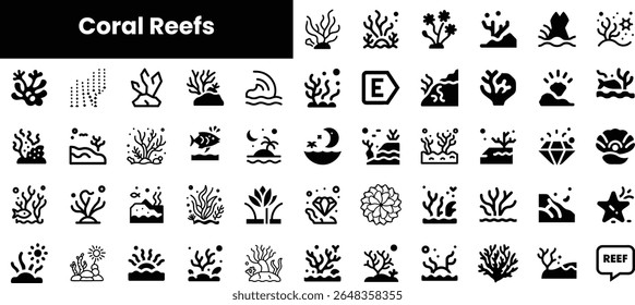 A collection of black and white icons representing various elements of coral reefs, including corals, fish, and marine flora, showcasing ocean biodiversity.
