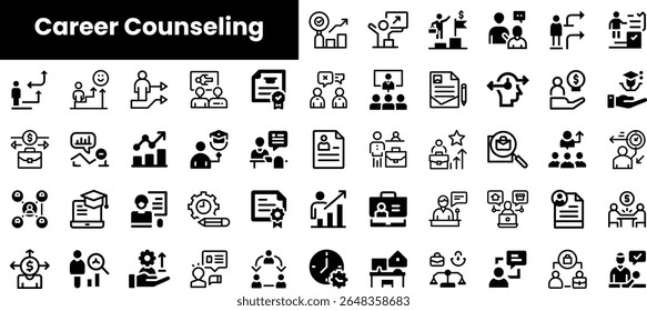 A collection of black and white icons representing various aspects of career counseling, including guidance, assessment, and professional development, conveying a supportive atmosphere.