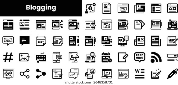 Uma coleção de ícones em preto e branco que representam vários aspectos dos blogs, incluindo criação de conteúdo, ferramentas de engajamento e análise.