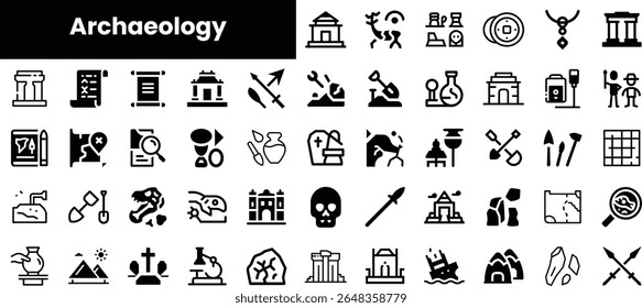 Uma coleção de ícones em preto e branco representando vários aspectos da arqueologia, incluindo artefatos, ferramentas e estruturas históricas, destacando a diversidade do campo.