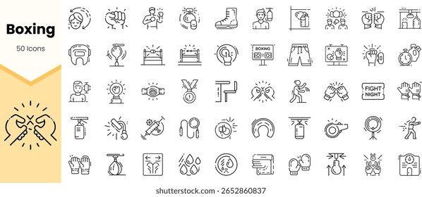 Uma coleção de ícones pretos e brancos representando o boxe, incluindo luvas, anéis, lutadores e equipamentos, mostrando a essência dinâmica do esporte.