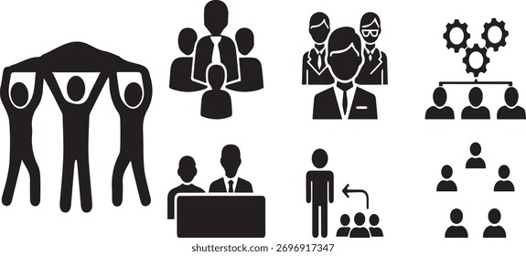 Coleção de ícones em preto-e-branco que representam os conceitos de trabalho em equipe, liderança, hierarquia e negócios.