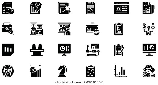 Eine Sammlung von Schwarz-Weiß-Symbolen, die verschiedene Geschäfts- und Finanzkonzepte darstellen, darunter Analytik, Strategie und Wachstum.