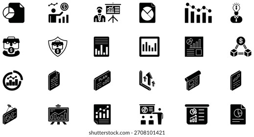 Eine Sammlung schwarz-weißer Symbole, die Geschäfts- und Finanzkonzepte darstellen, einschließlich verschiedener Diagramme, Grafiken, Präsentationen und Finanzsymbole.