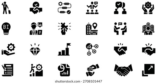 Una colección de íconos en blanco y negro que representan varios conceptos de negocios y finanzas, incluyendo reuniones, éxito y colaboración.