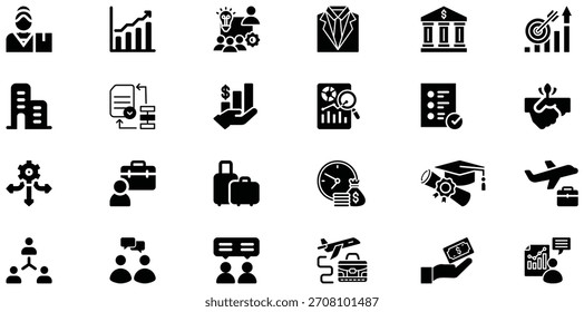 Una colección de íconos en blanco y negro que representan varios conceptos de negocios y finanzas, incluyendo gráficos de crecimiento, trabajo en equipo y transacciones financieras.