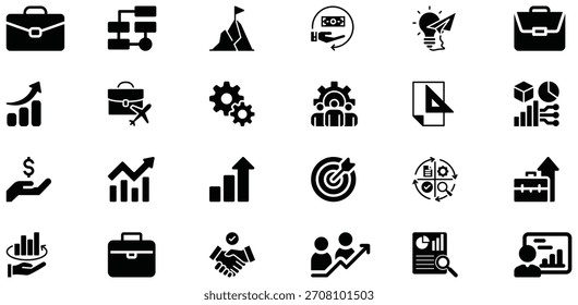 A collection of black and white icons representing various business and finance concepts, including growth charts, strategy, teamwork, and success.