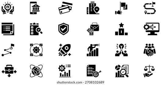 Eine Sammlung schwarz-weißer Symbole, die verschiedene Geschäfts- und Finanzkonzepte darstellen, einschließlich Strategie, Wachstum, Teamarbeit und Erfolg.