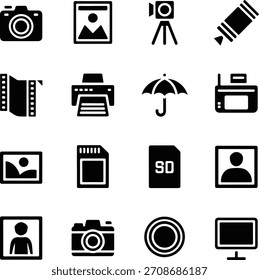 Una colección de íconos en blanco y negro que representan varios elementos relacionados con la Fotografía y los medios, incluidas cámaras, películas, impresoras y dispositivos de almacenamiento digital.