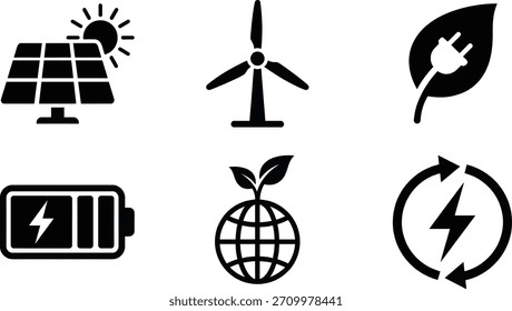 Una colección de íconos en blanco y negro que representan fuentes de energía renovables, incluidos paneles solares, turbinas eólicas y símbolos ecológicos, promoviendo la sostenibilidad y la conciencia ambiental.
