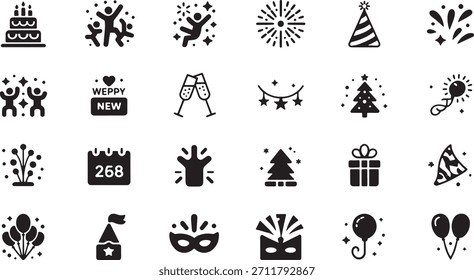 Eine Sammlung schwarz-weißer Symbole, die Silvesterfeiern darstellen, darunter Feuerwerke, Partys, Geschenke und festliche Dekorationen.