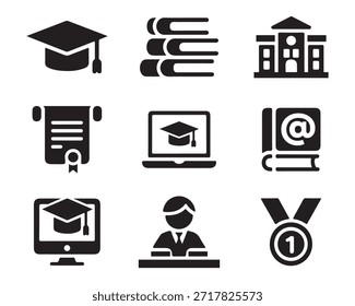 Una colección de íconos en blanco y negro que representan varios aspectos de la educación, incluida la graduación, el aprendizaje y el logro