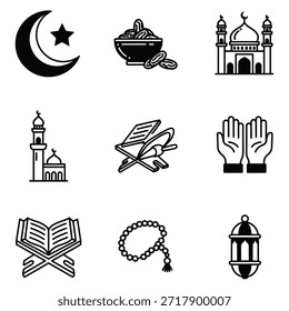 Uma coleção de ícones em preto e branco que representam vários aspectos da cultura e da fé islâmicas