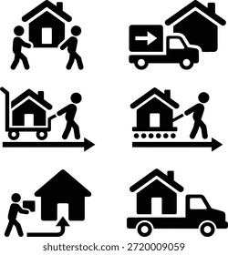 Coleção de ícones a preto e branco que representam serviços de mudança de casa e de mudança