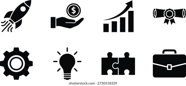 Una colección de íconos en blanco y negro que representan los conceptos de negocios, finanzas y emprendimiento