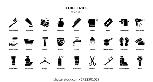 Uma coleção de ícones pretos e brancos representando vários produtos de higiene pessoal, incluindo escova de dentes, pasta de dentes, sabão, shampoo, pente, toalha, navalha, papel higiênico, secador de cabelo e muito mais