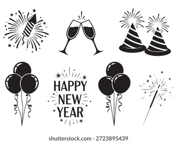 Una colección de íconos en blanco y negro que representan las celebraciones de la Nueva Nochevieja, incluidos fuegos artificiales, copas de champán, sombreros de fiesta, globos y bengalas.