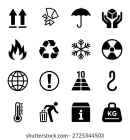 Eine Sammlung schwarz-weißer Symbole, die verschiedene Symbole für Versand, Handhabung und Warnungen darstellen. Enthält Symbole für Fragilität, Temperatur und Recycling.