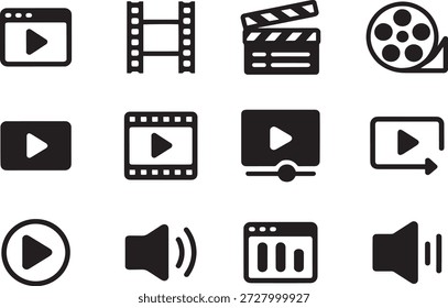 Una colección Video de íconos en blanco y negro que representan la reproducción, los carretes de película, las tablas de clapper y los controles de volumen de audio.