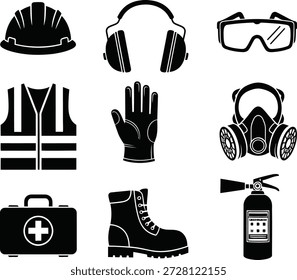 A collection of black and white icons representing various personal protective equipment used in workplaces for safety.