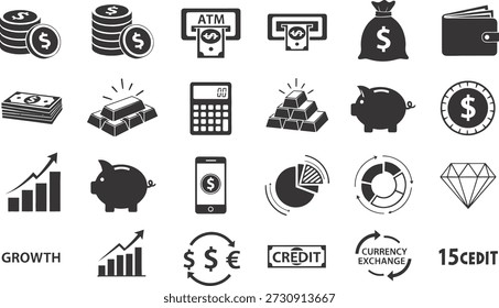 Collection of black and white icons representing finance, money, growth, and business concepts