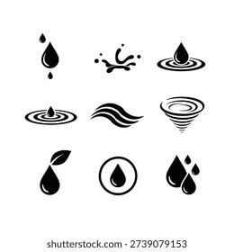 A collection of black and white icons representing water in various forms, including drops, splashes, waves, and whirlpools.