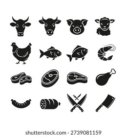 A collection of black and white icons representing various types of meat and fish, including beef, pork, lamb, chicken, fish, shrimp, steaks, sausages, and butcher knives.