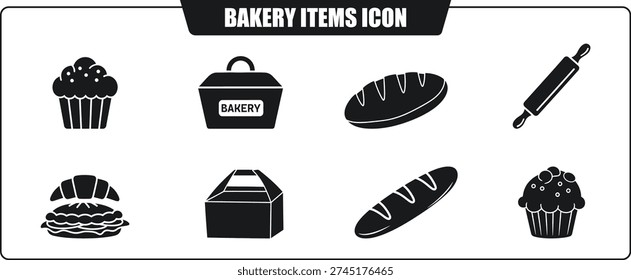 A collection of black and white icons representing various bakery items and food
