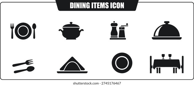 A collection of black and white icons representing various dining items and table settings
