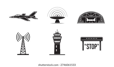 Collection of black and white icons representing aviation, airport control, and air traffic.