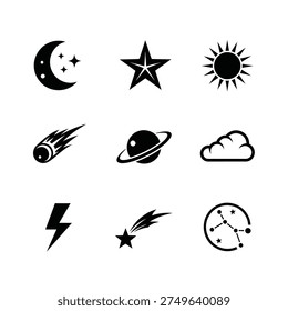 A collection of black and white icons representing celestial bodies, weather phenomena, and astronomical symbols.