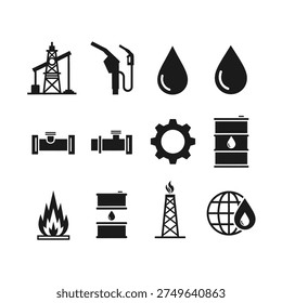 A collection of black and white icons representing the oil and gas industry, including drilling rigs, fuel pumps, oil drops, pipes, gears, barrels, flames, and a globe.