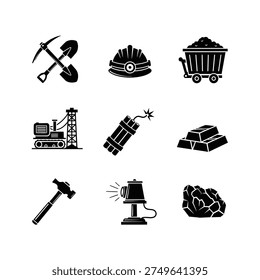 Collection of black and white icons representing mining equipment and resources